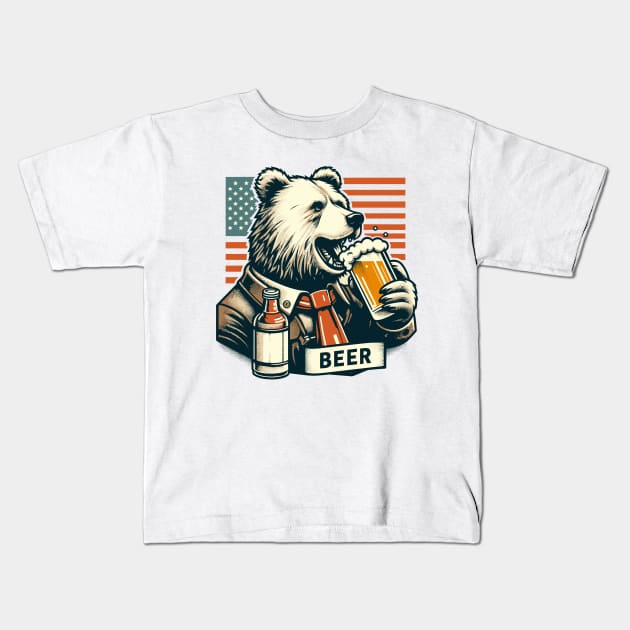 Vintage American bear drinking beer Kids T-Shirt by Elysian wear